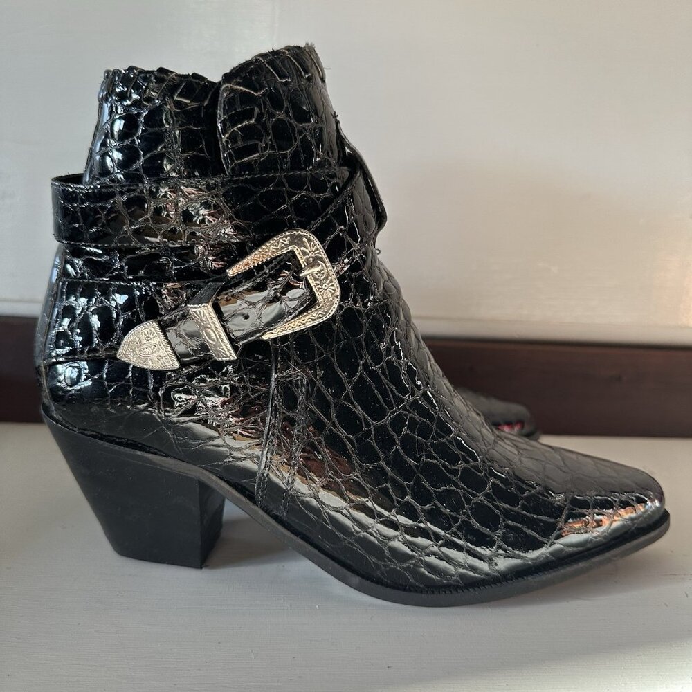 Vintage Dingo Ankle Boots 7.5 Black Leather Heeled Western Buckle Strap Retro - Picture 3 of 8